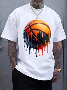 Men's Short-Sleeved Crew Neck T-Shirt With Basketball Print, Regular Fit, For Spring, Summer And Holidays. - Black - View 6
