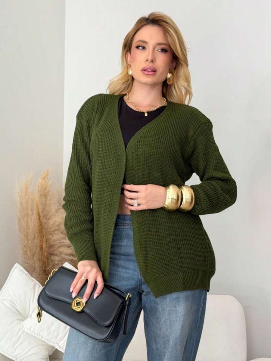 Women's Basic Longline Cardigan With Fang Stitch Knit And Long Sleeves For Autumn/Winter - 軍綠色 - 查看 1