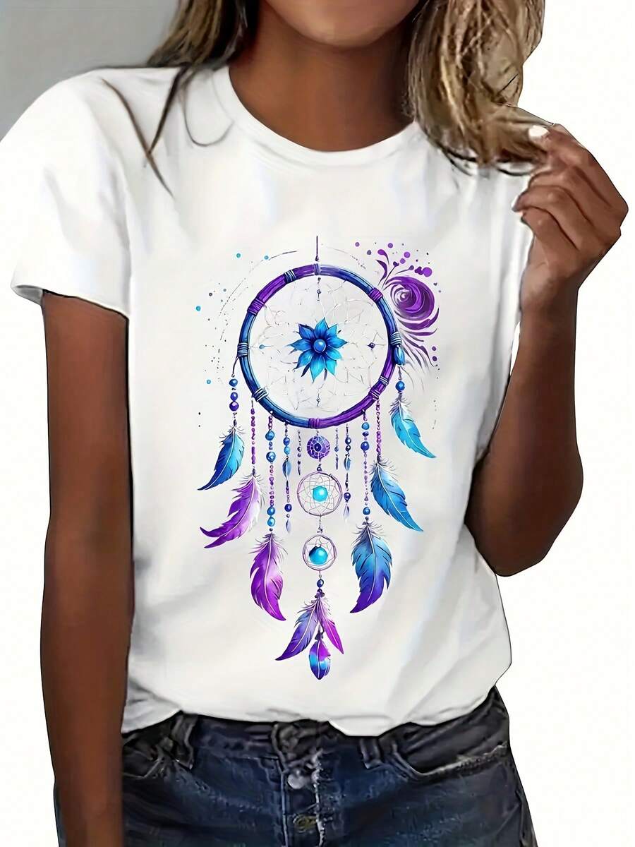 Camiseta casual transpirable para mujer | Cuello redondo, diseño floral, lavable a máquina, ideal para el verano - Blanco - Ver 1