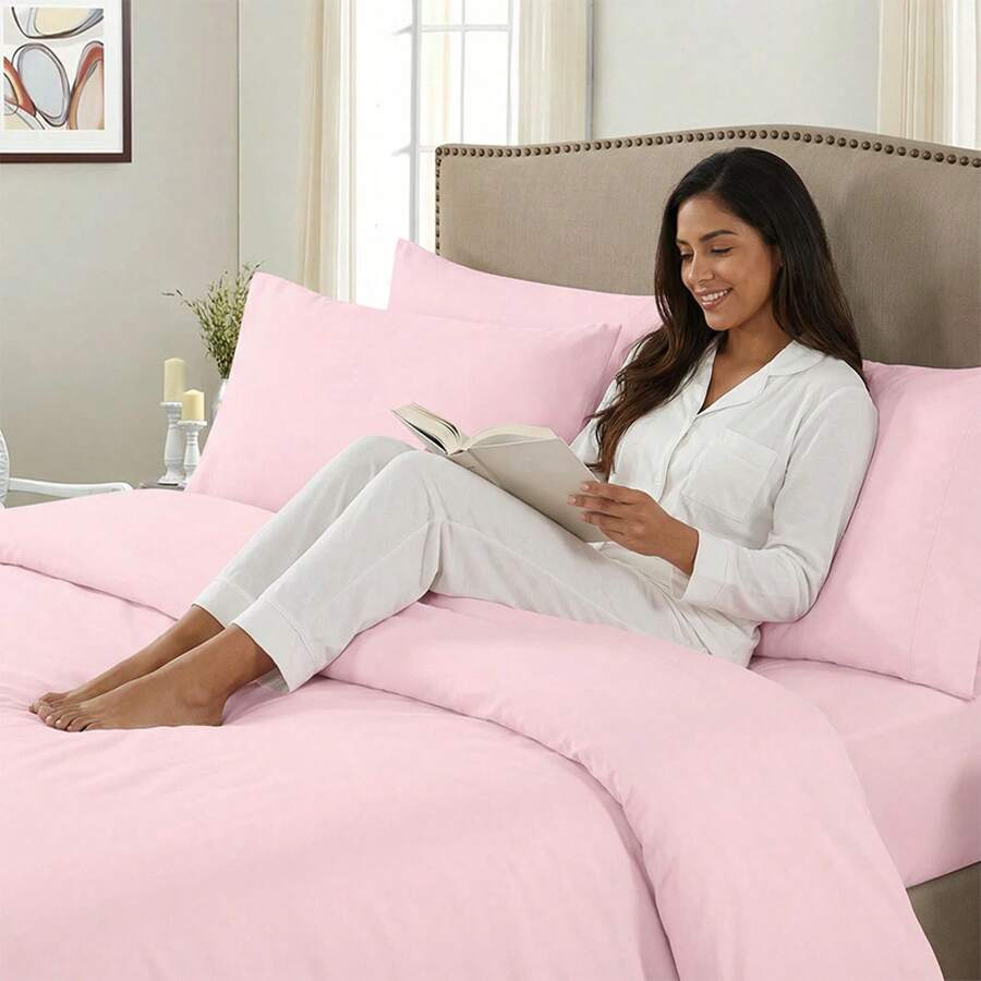 Juego de sábanas refrescantes de luxe, suave y cómodo, transpirable y a prueba de arrugas, suave y cercano a la piel, adecuado para dormitorio, habitación de invitados, ropa de cama de hotel (1 sábana + 1 sábana + 2 fundas de almohada (91cm*193cm: una funda, sin funda) - Rosa - Ver 1