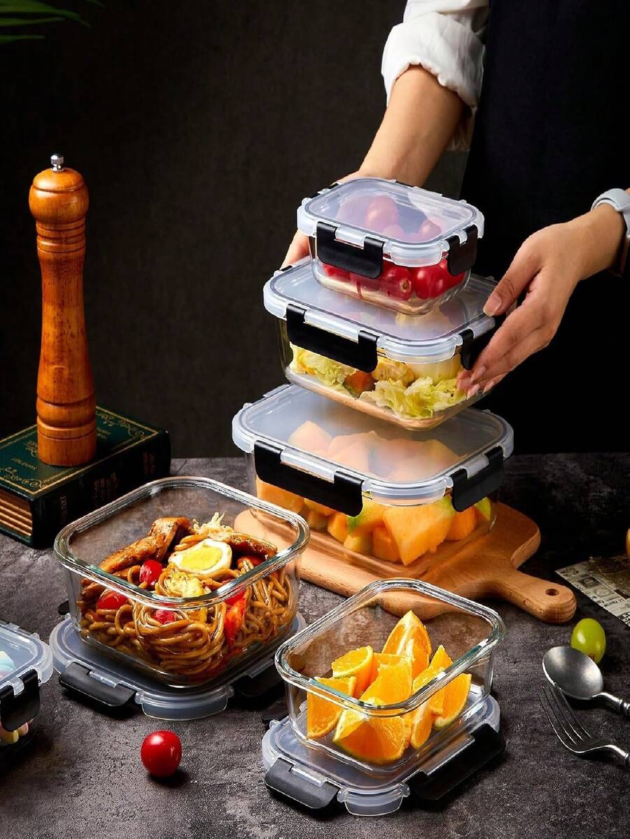 3個/1個玻璃廚房儲物容器,氣密食品保存盒,配有易開/關可堆疊蓋子,適用於廚房和儲藏室儲存,密封玻璃便當盒,冰箱保鮮盒,微波爐、烤箱、冰箱和洗碗機適用 - 黑色 - 查看 1