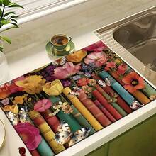 1pc Butterfly Book Pattern Printed Absorbent Dish Drying Mat, Dish Drying Pad, Espresso Machine Countertop Absorbent Mat, Sink Drain Mat, Soft Faucet Absorbent Mat, Sink Cup Mat, Home & Kitchen, Bathroom Accessories - Multicolor - View 10