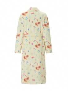 Women Dressing Gown Flannel Robe Floral Print Shawl Collar Bathrobe For Hotel Spa Party Kimono Robe With Belt - Yellow - View 7