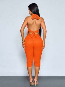 Conjunto de Dos Piezas Sexy y Elegante para Vacaciones en la Playa y Viajes Diarios, Top Halter y Pantalones de Seis Pulgadas, Textura Tejida y Diseño de Cuello Redondo, Ropa de Verano Casual y Cómoda para Mujer Estilo Mujer - Marrón - Ver 8
