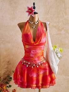 New Spring/Summer Women's Fashion Sexy Printed Dress - Plunging Neckline Design - Waist Cinching Ruched Design - Ruffle Hem Design - Vacation - Beach - Multicolor - View 5