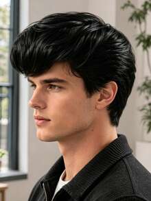 8 Inch Minimalist Men's Wig, Made Of Heat-Resistant Material, Easy To Comb. Lightweight And Seamless Design For Comfortable Wear At Home, Outings, And Gatherings. Easily Shapes Face And Creates Various Hairstyles For Men. - Black - View 8