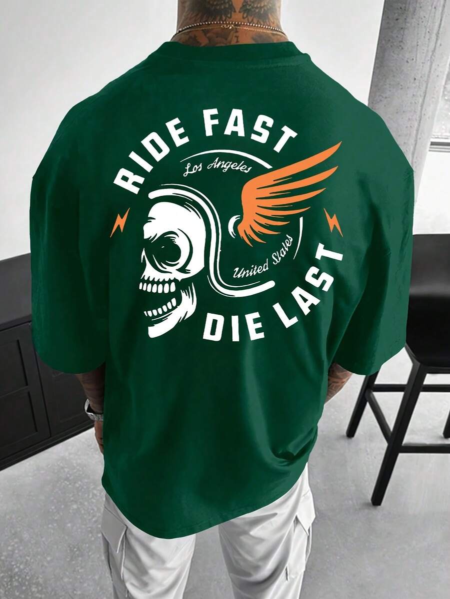 Camiseta de manga corta con estampado de calavera y letras, cuello redondo, para hombre, estilo casual. - Verde - Ver 1