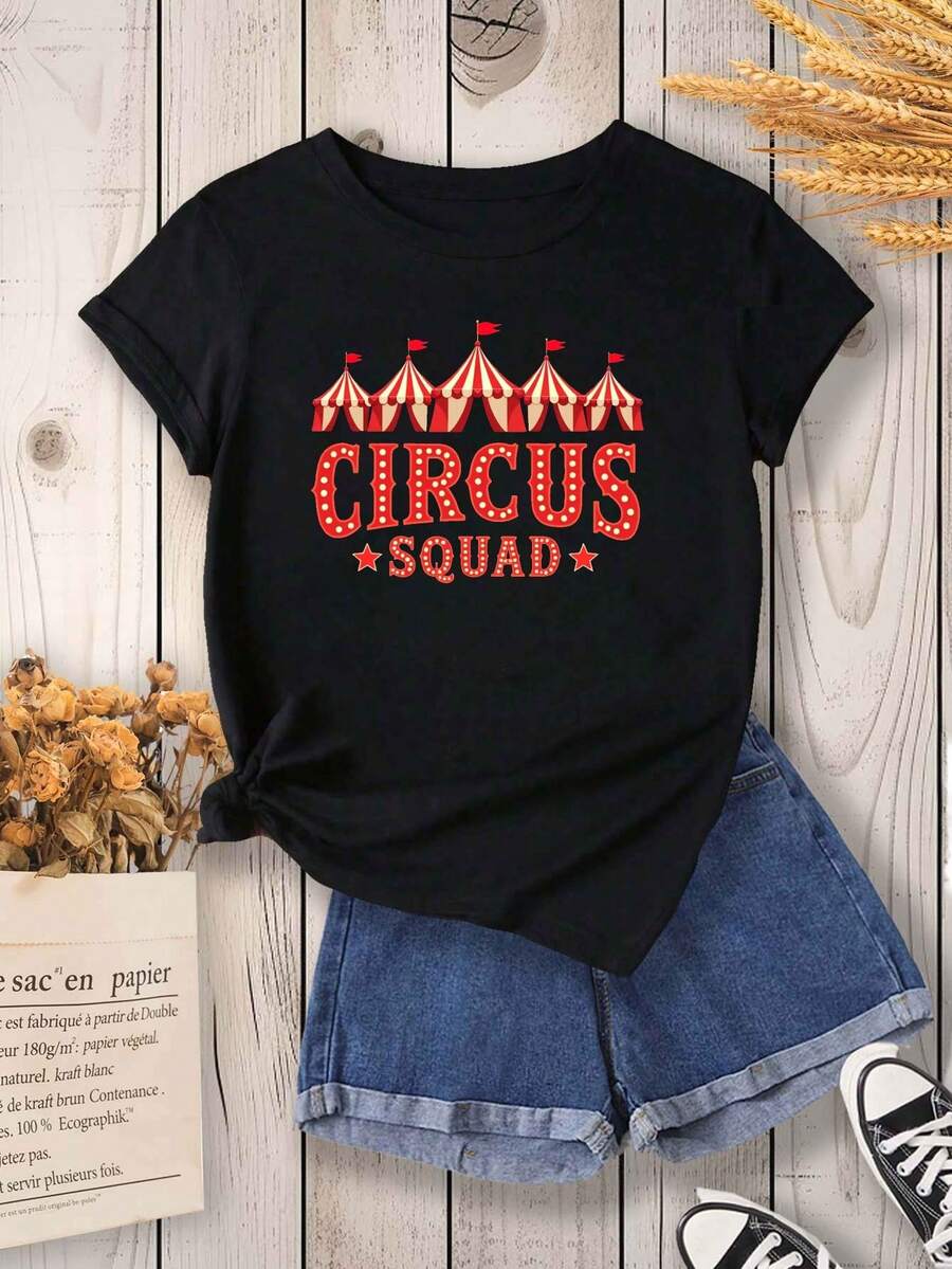 High-Resistance Cotton T-Shirt - CIRCUS Print T-Shirt, Short Sleeve And Round Neck, Casual Style, Suitable For Women In Spring And Summer, Can Be Worn In All Seasons, As A Base Layer In Spring And Autumn Or Alone In Summer, Unisex. - 黑色 - 查看 1