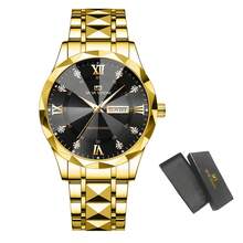 男士石英表，时尚奢华水钻刻度，双日历不锈钢铆钉，夜光蓝色和金色休闲商务腕表 - 金色 - 查看 12