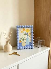 1pc Cute Beaded Photo Frame, Round Ball Edge Picture Frame, Plastic Tabletop Photo Holder, Pastel Color Aesthetic Desk Decor, Cat & Flower Print Art Frame, Boho Home Decor For Bedroom Living Room Office, Multi-Color Available - A - View 9