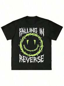2026 Summer Breathable, Cool Cotton T-Shirt With Falling In Reverse Pattern, Unisex, Men's, Short Sleeve, Luxury Fashion Brand, Casual, Vintage, Everyday Wear - 黑色 - 查看 1