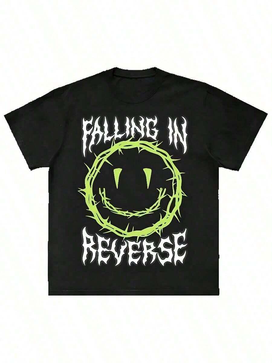 2026 Summer Breathable, Cool Cotton T-Shirt With Falling In Reverse Pattern, Unisex, Men's, Short Sleeve, Luxury Fashion Brand, Casual, Vintage, Everyday Wear - 黑色 - 查看 1