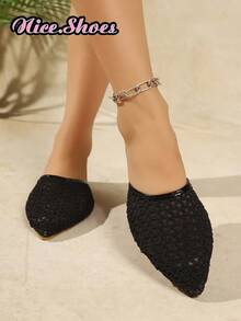 Nuevas sandalias de punta puntiaguda de malla tejida para el verano, de uso casual, cómodas y relajadas, en colores plateado y negro - Negro - Ver 3