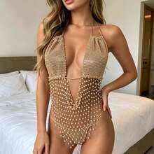 Top Halter de Pedrería para Mujer, Ropa de Verano, Top Corto con Flecos y Espalda Descubierta para Fiestas - Dorado - Ver 8