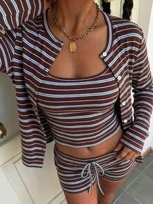 2026 Nuevo Conjunto de verano de mujer con top de camiseta de punto a rayas, chaqueta y shorts con cordón en la cintura - Multicolor 2 - Ver 7