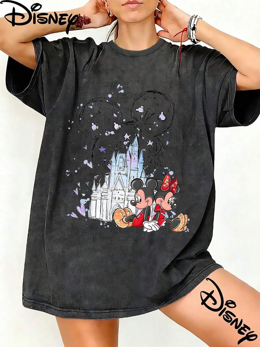 Disney Mickey Minnie Castle Fireworks Sketch Doodle Graphic Washed Unisex TShirt, 100% Cotton Oversized Vintage Short Sleeve Tee, Romantic Magical Park Themed Casual Top - màu đen - Xem 1