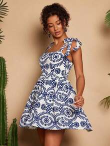 bfdbTravachic Vestido de verano de mujer con cuello cuadrado, sin mangas, con cintura ajustada y lazo delantero, en estampado floral.Conjunto de vacaciones para mujer, atuendos para vacaciones, atuendos de playa, conjuntos de verano para mujer, vestidos de verano para mujer, vestidos para mujer, vestido de veranosfb x BFTC - Azul y blanco - Ver 5
