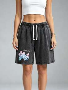 Unisex Floral Print Washed Bermuda Shorts, Elastic Waist Casual Shorts, Summer Loose Fit Shorts With Pockets - Black - View 5