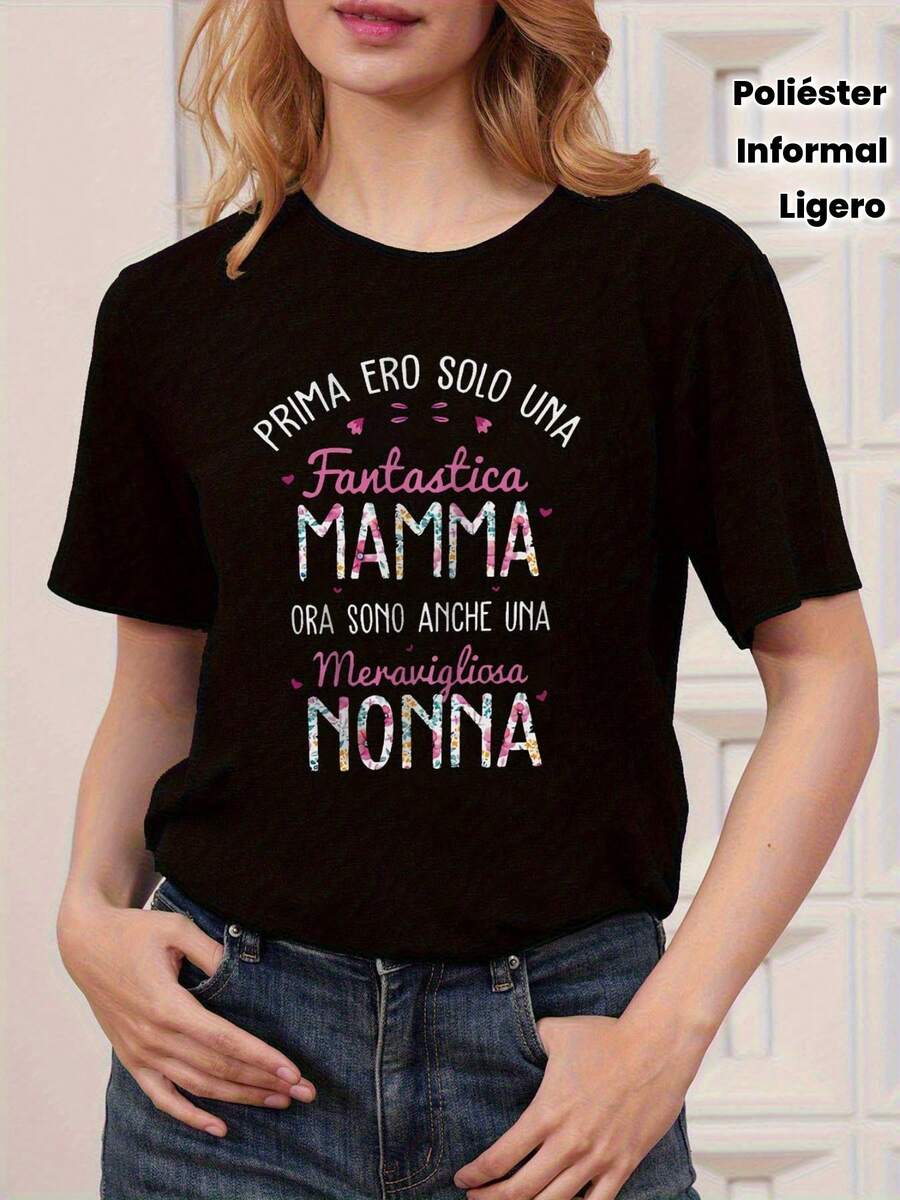 Camiseta de mujer italiana con estampado "PRIMA ERO SOLO UNA" y "FANTASTICA MAMMA", cuello redondo, mangas cortas, tejido ligero de poliéster para primavera/verano. - Negro - Ver 1
