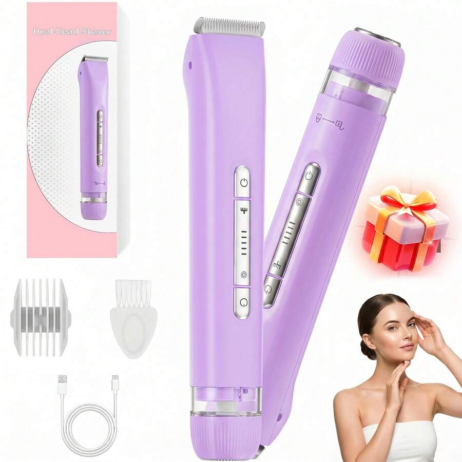 2 In 1 Women Electric Razor & Bikini Trimmer, IPX7 Waterproof Wet Dry Shaver With Ceramic Sharp Blade, USB Rechargeable 400mAh Dual Head Hair Trimmer For Face, Underarm, Leg And Pubic Hair, Portable Personal Groomer, Gift For Men Women,Multiple Color - 紫丁香色 - 查看 1