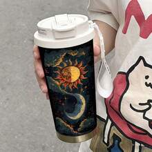 1pc/5pcs 500ml Celestial Sun & Moon Print Insulated Coffee Tumbler With Flip Lid & "COFFEE" Carry Strap, 304 Stainless Steel Leakproof Travel Mug, Cold & Hot Drinks, Perfect Astrology Lover Gift - Multicolor 1 - View 3