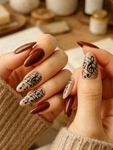 24 piezas de pegatinas de uñas de color rojo-marrón de longitud media-larga con patrón de nota musical negra, pegatinas de uñas de unicolor en forma de gota de agua, convenientes para uso diario, fiestas, vacaciones, pegatinas de arte de uñas - Color caoba - Ver 2