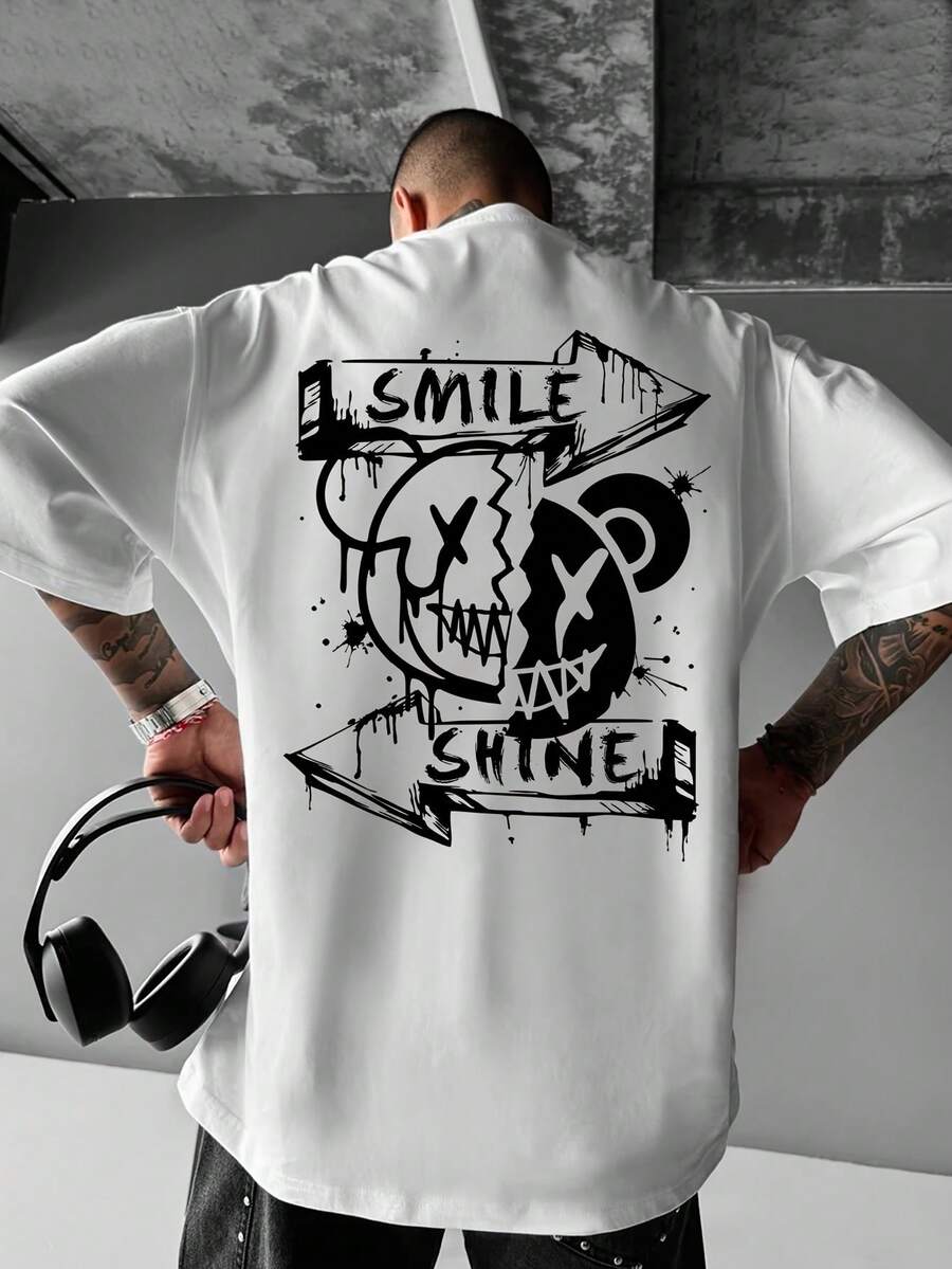 Kurzarm-T-Shirt für Herren 2026 – Amerikanisches Streetwear-T-Shirt mit Grafikprint – Sommerliches Rundhals-T-Shirt mit SMILE & SHINE Totenkopf-Design, geometrischen Mustern, maschinenwaschbar, lässiges Oberteil, Streetwear-Mode, atmungsaktives Material, urbaner Stil, Streetstyle, strapazierfähige Verarbeitung, bedrucktes Streetwear-T-Shirt - Weiss - Übersicht 1