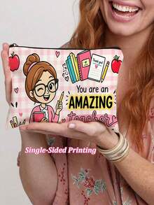 Cartoon Spanish Teacher Makeup Bag - "You Are A Teacher" Appreciation Gift Cosmetic Pouch With Pink Plaid, Multifunctional Large Capacity Travel Storage Bag, Gift For Teachers, Token Of Gratitude, Holiday Present - Beige - View 15