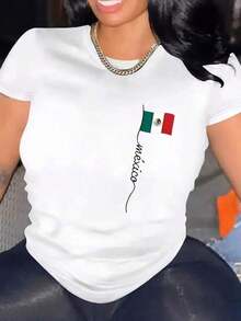 USA-Canada-Mexico World Cup Shirt. Premium Selection Of Women's Short-Sleeved Shirts, Mexican Style, With A Stylish Design Of The Mexican Flag In Green, White And Red, And The Word "Mexico" In Cursive Lettering, Ideal For Everyday Casual Wear, Day Trips And Traditional Celebrations. - 白色的 - 查看 6