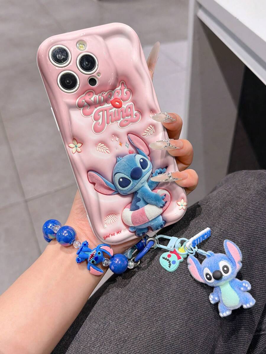 Disney Has Authorized, Phone Case - Chain Set, The Stitch Lilo & Stitch 3D Phone Case Plus A Silicone 3D Stitch Bracelet With Metallic Ring Removable Bracelet, Stitch And Angel Pattern, Compatible With Iphone17/16/15/14/13/12/11/XS/XR/X Plus Pro Max, A Stylish Cartoon Phone Case, The Perfect Gift Choice, Phone Protection, Durable Phone Cover, Great Gift For Friends And Family. - trắng - Xem 1