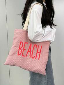 彩色「BEACH」圖案印花肩背包組合，條紋手提包、托特包組合，展現獨特風格，個性化字母條紋肩背包，純色拉鍊帆布包，大容量休閒包，多色肩帶，適合旅行、學生肩背包 - 彩色 - 查看 4