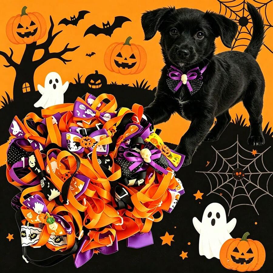 10 pièces Collier de chien à nœud papillon pour Halloween en couleurs aléatoires. 10 pièces d'accessoires de collier de chien avec nœud papillon à attacher au collier pour les chiens pendant Halloween - Multicolore - Voir 1