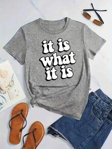 Women's Casual T-Shirt, Modern Print, Letters, Pretty, Base Layer, Everyday Wear - 黑色 - 查看 7