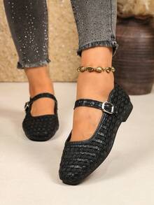 Women's Retro Mary Jane Flat Shoes, Square Toe Soft Sole, Multiple Colors Available, Versatile For Spring/Summer - Black - View 3