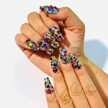 Premium Handmade Medium Square 3D Crystal Rhinestone Press On Nails, Full Cover Multicolor Bling Nail Art Set, Festival And Party Looks, Valentines Day Nails Summer - 許多 - 查看 3
