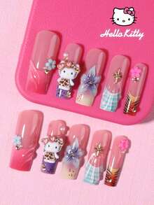 SANRIO 24片裝 Hello Kitty 長方形法式美甲貼片，含3D可愛Hello Kitty、3D凝膠花朵、豹紋與金色珍珠裝飾，全覆蓋假指甲套組，適合女性與女孩日常與派對使用，穿戴式指甲 - 彩色 - 查看 3