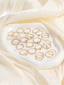 26 piezas Anillos de dedo con diseño de cadena, corazón y lazo en estilo INS, juego de anillos de cristal versátiles y de moda para mujeres - Dorado - Ver 3
