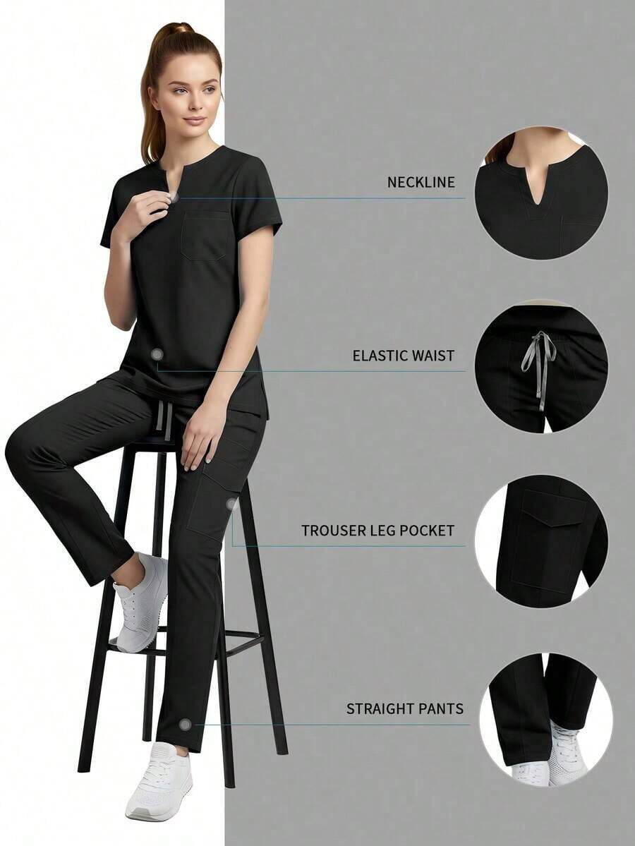 Set de 2 piezas Uniforme de enfermera para mujer, Parte superior + Pantalones con bolsillos, Ropa de trabajo para sala de cirugía, Ropa de trabajo para salón de belleza Primavera - Negro - Ver 1
