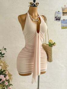 Vestido mini con estampado floral, diseño de lazo y escote halter, para vacaciones - Albaricoque - Ver 3