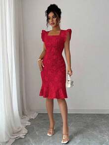 MEXElenzga Vestido elegante de jacquard para ir al trabajo, veranoMEX LBPU - Rojo - Ver 4