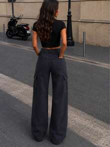 Women's Casual Wide Leg Cargo Jeans Long Woven Fabric With Medium Stretch For Fall Outfits - Black - View 2