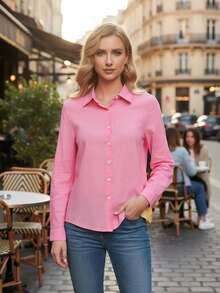 Women's Cotton Linen Blouse With Long Sleeves, Plus Size - Pink 1 - View 7