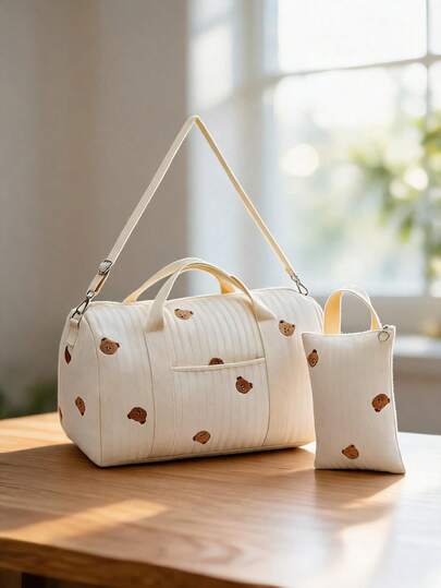 2 piezas Bolso de mano grande tipo tote para mamá, bolso de algodón reutilizable con cierre de cremallera y diseño lindo de oso bebé, bolsa de almacenamiento para pañales para viajes