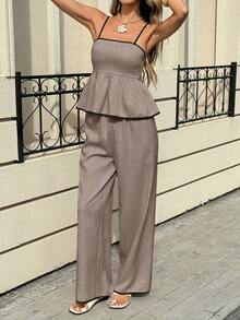 Set de 2 piezas con top de tirantes con ribete de contraste y pantalones de unicolor para mujer - Caqui - Ver 3