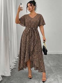 Plus Size Women's Printed Animal Pattern Woven Fabric V-Neck Maxi Dress Elegant Summer - Multicolor - View 1