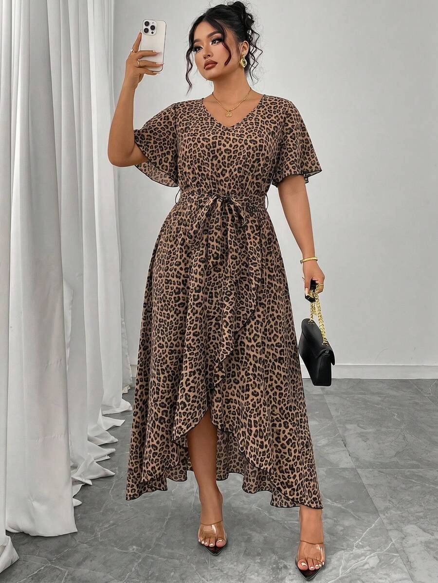 Plus Size Women's Printed Animal Pattern Woven Fabric V-Neck Maxi Dress Elegant Summer - Multicolor - View 1