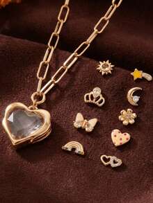 1pc Fashionable DIY Delicate Transparent Heart-Shaped Necklace, Includes Small Pendant Accessories, Can Be Freely Matched With Necklace, 14K Gold Plated, Copper Jewelry, Showcasing Unique Feminine Charm, Suitable For Women's Daily Casual, Social Events, Music Festivals, Also Can Be Worn As An Amulet - Multicolor - View 1