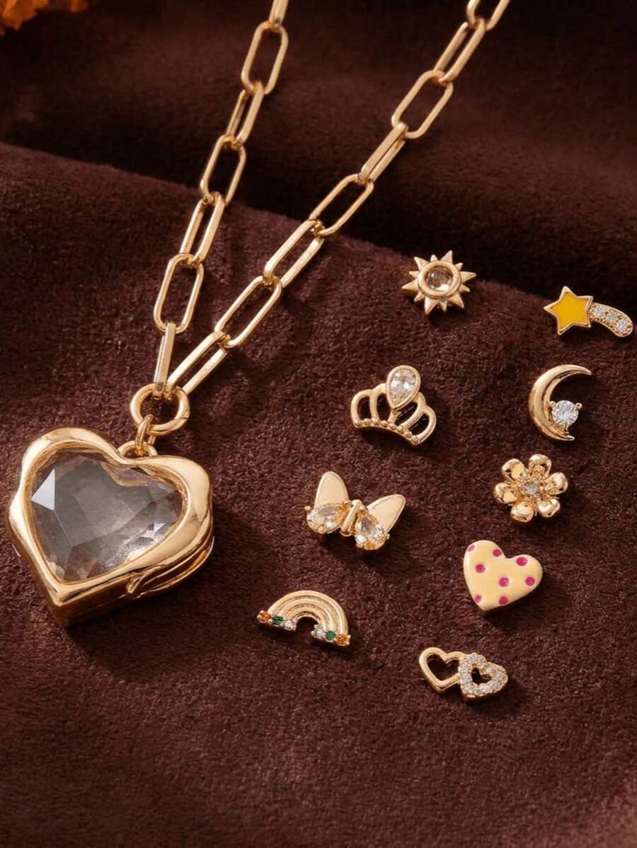1pc Fashionable DIY Delicate Transparent Heart-Shaped Necklace, Includes Small Pendant Accessories, Can Be Freely Matched With Necklace, 14K Gold Plated, Copper Jewelry, Showcasing Unique Feminine Charm, Suitable For Women's Daily Casual, Social Events, Music Festivals, Also Can Be Worn As An Amulet - Multicolor - View 1