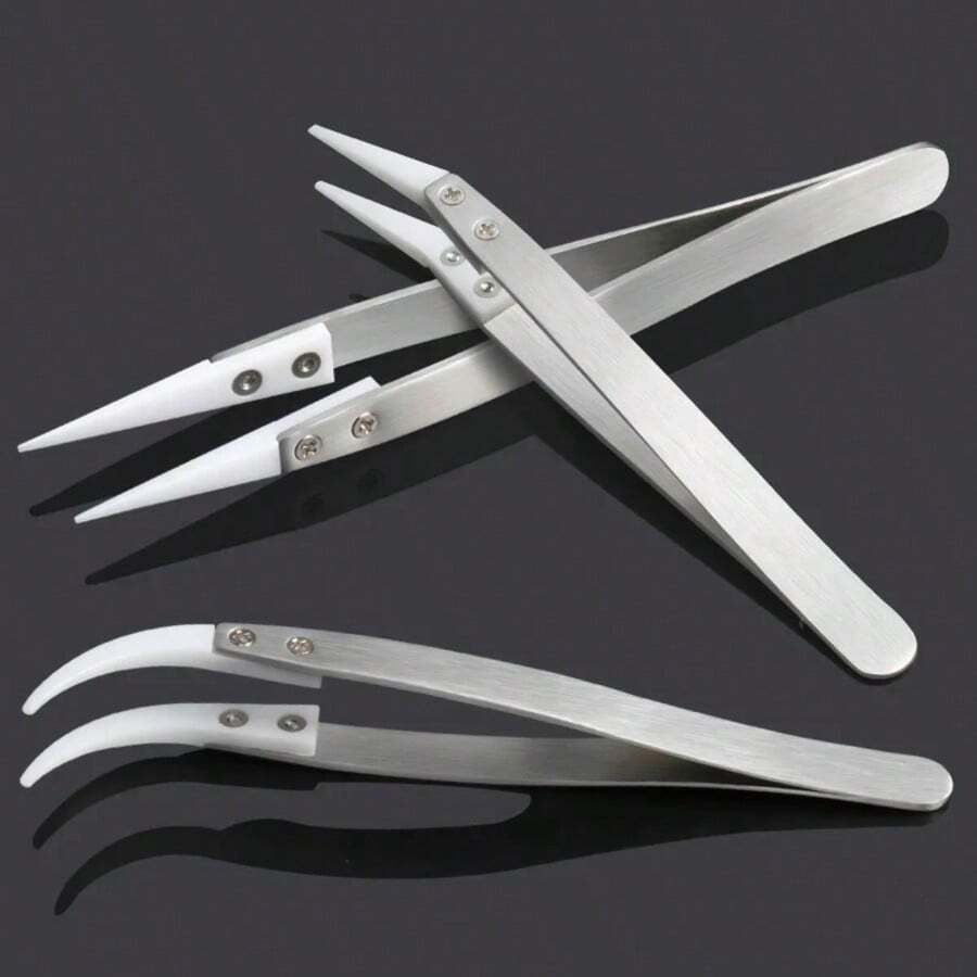 Precision Interchangeable Ceramic Tip Tweezers, High Temperature 1200°C Resistant Stainless Steel Straight, Curved, Reverse Handle White Set