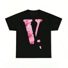 Unisex Y2k-stil Kortärmad T-shirt med V-tryck, Sommartopp för Män, Rund Hals, Anpassad Lös Passform, Maskintvättbar, Högkvalitativa Grafiska T-shirts - Svart - Visa 1